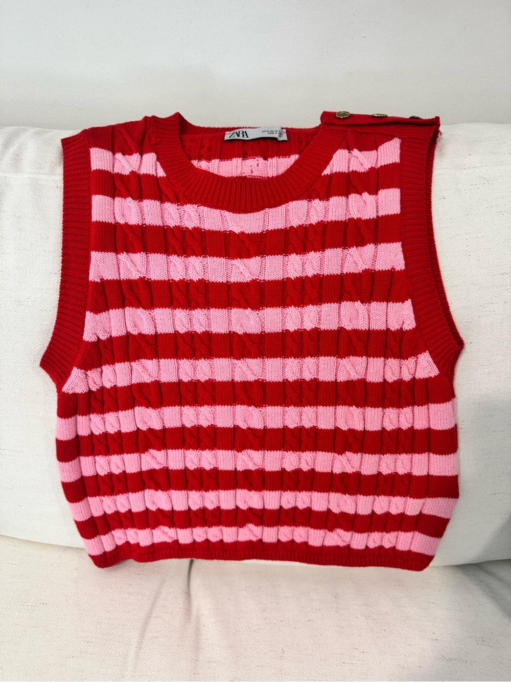 Zara Red and Pink Striped Cable-Knit Sleeveless Sweater Vest